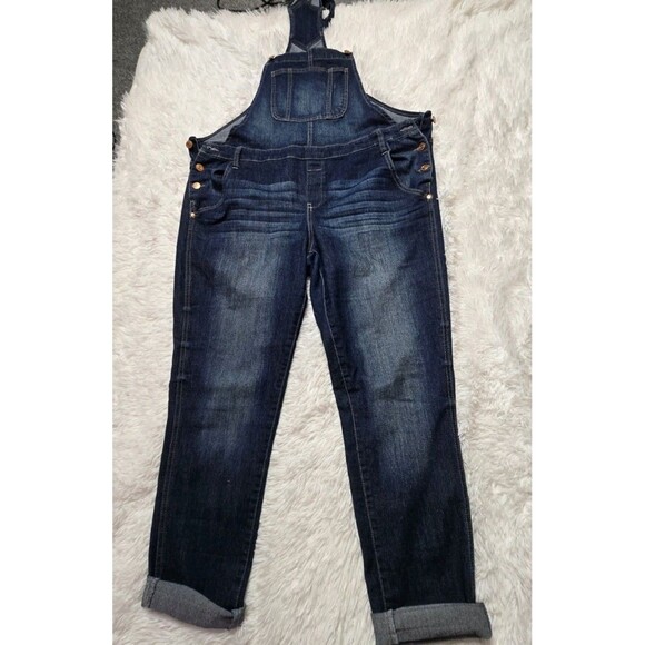 L.E.I. Y2k Dark Denim Whiskered Faded Hippie Overalls Size XL Juniors - Picture 2 of 13